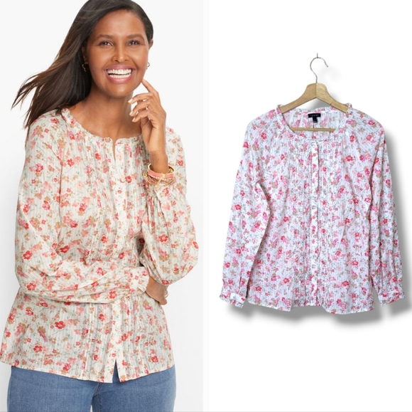 Talbots Ruffle Pintuck Blouse In Swirly Ditsy Floral Size S Button Front - Picture 3 of 10